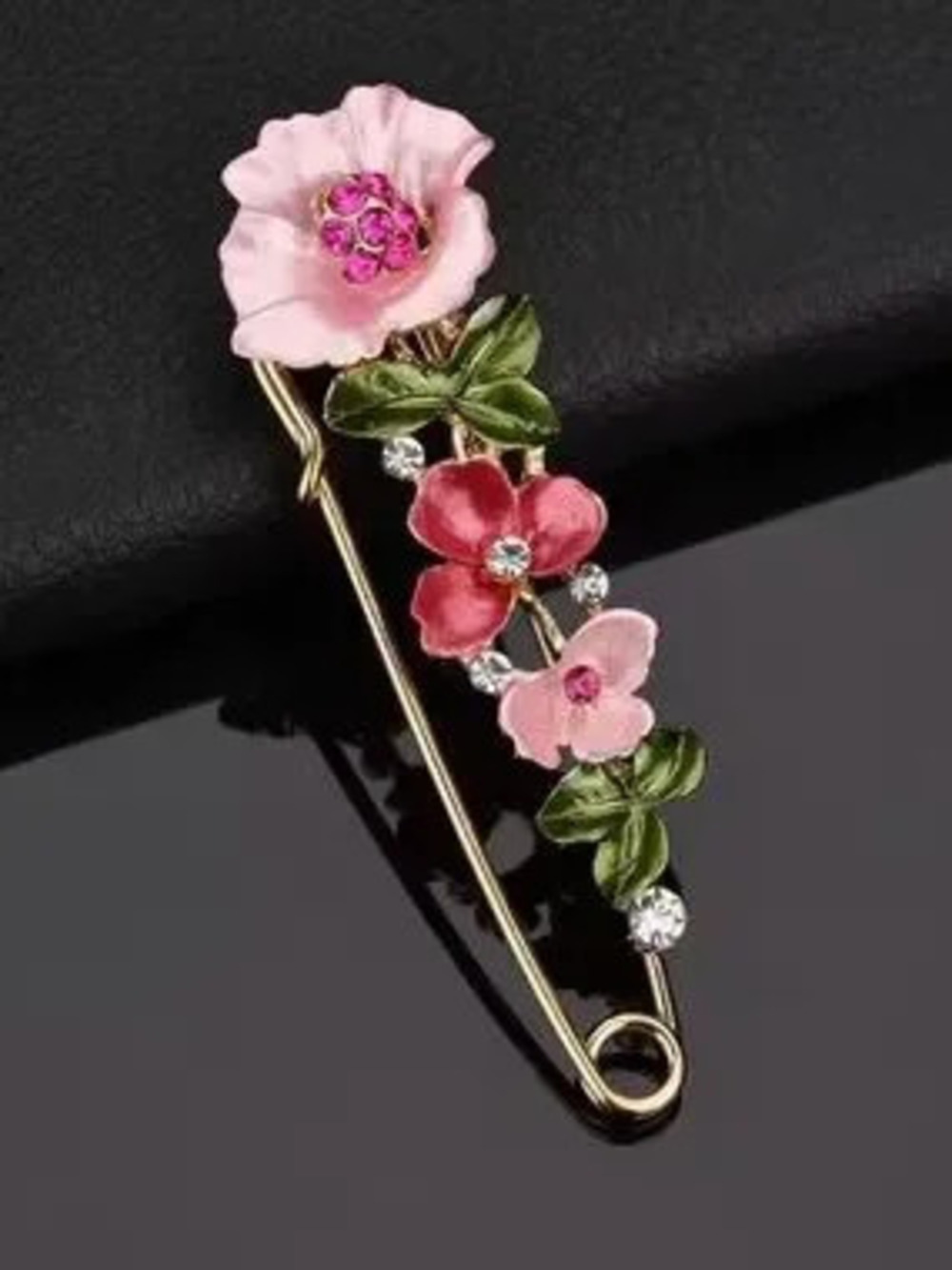 Floral Pink & Red Enamel Safety Pin Brooch